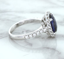 Load image into Gallery viewer, 3.68ct. Oval GIA Certified Blue Sapphire Ring with Diamond Halo in 18K White Gold