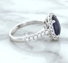 Load image into Gallery viewer, 3.68ct. Oval GIA Certified Blue Sapphire Ring with Diamond Halo in 18K White Gold