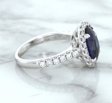 Load image into Gallery viewer, 3.68ct. Oval GIA Certified Blue Sapphire Ring with Diamond Halo in 18K White Gold