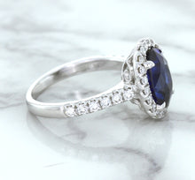 Load image into Gallery viewer, 3.68ct. Oval GIA Certified Blue Sapphire Ring with Diamond Halo in 18K White Gold