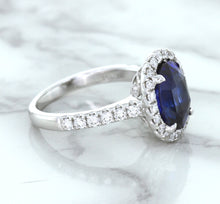Load image into Gallery viewer, 3.68ct. Oval GIA Certified Blue Sapphire Ring with Diamond Halo in 18K White Gold