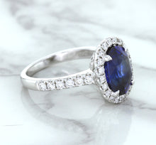 Load image into Gallery viewer, 3.68ct. Oval GIA Certified Blue Sapphire Ring with Diamond Halo in 18K White Gold
