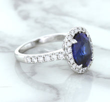 Load image into Gallery viewer, 3.68ct. Oval GIA Certified Blue Sapphire Ring with Diamond Halo in 18K White Gold