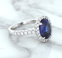 Load image into Gallery viewer, 3.68ct. Oval GIA Certified Blue Sapphire Ring with Diamond Halo in 18K White Gold