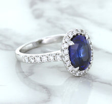 Load image into Gallery viewer, 3.68ct. Oval GIA Certified Blue Sapphire Ring with Diamond Halo in 18K White Gold
