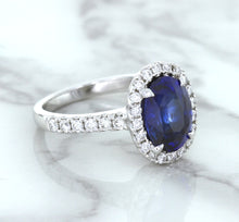 Load image into Gallery viewer, 3.68ct. Oval GIA Certified Blue Sapphire Ring with Diamond Halo in 18K White Gold