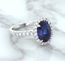 Load image into Gallery viewer, 3.68ct. Oval GIA Certified Blue Sapphire Ring with Diamond Halo in 18K White Gold