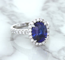 Load image into Gallery viewer, 3.68ct. Oval GIA Certified Blue Sapphire Ring with Diamond Halo in 18K White Gold