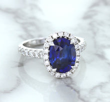 Load image into Gallery viewer, 3.68ct. Oval GIA Certified Blue Sapphire Ring with Diamond Halo in 18K White Gold