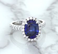 Load image into Gallery viewer, 3.68ct. Oval GIA Certified Blue Sapphire Ring with Diamond Halo in 18K White Gold