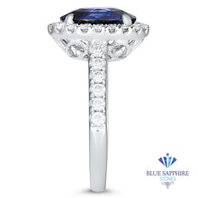 Load image into Gallery viewer, 3.68ct. Oval Blue Sapphire Ring with Diamond Halo in 18K White Gold
