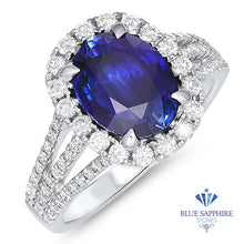 Load image into Gallery viewer, 3.59ct. Oval Blue Sapphire Ring with Diamond Halo in 18K White Gold
