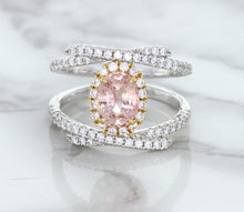 Load image into Gallery viewer, 1.62ct Oval Padparadscha Ring with Diamond Halo in 18K White and Rose Gold