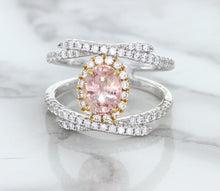 Load image into Gallery viewer, 1.62ct Oval Padparadscha Ring with Diamond Halo in 18K White and Rose Gold