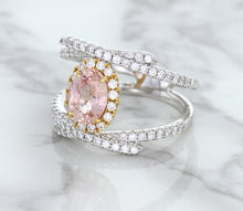 Load image into Gallery viewer, 1.62ct Oval Padparadscha Ring with Diamond Halo in 18K White and Rose Gold