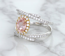 Load image into Gallery viewer, 1.62ct Oval Padparadscha Ring with Diamond Halo in 18K White and Rose Gold