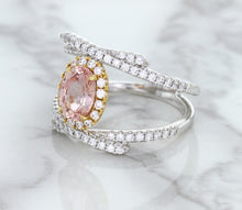 Load image into Gallery viewer, 1.62ct Oval Padparadscha Ring with Diamond Halo in 18K White and Rose Gold