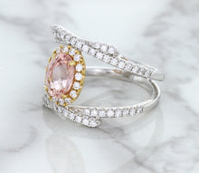 Load image into Gallery viewer, 1.62ct Oval Padparadscha Ring with Diamond Halo in 18K White and Rose Gold