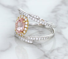 Load image into Gallery viewer, 1.62ct Oval Padparadscha Ring with Diamond Halo in 18K White and Rose Gold