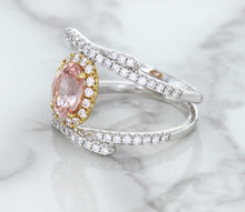 Load image into Gallery viewer, 1.62ct Oval Padparadscha Ring with Diamond Halo in 18K White and Rose Gold