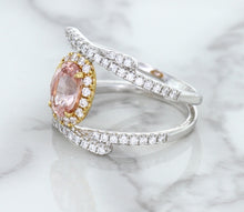 Load image into Gallery viewer, 1.62ct Oval Padparadscha Ring with Diamond Halo in 18K White and Rose Gold