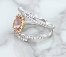 Load image into Gallery viewer, 1.62ct Oval Padparadscha Ring with Diamond Halo in 18K White and Rose Gold