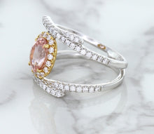 Load image into Gallery viewer, 1.62ct Oval Padparadscha Ring with Diamond Halo in 18K White and Rose Gold