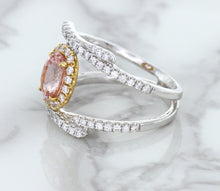 Load image into Gallery viewer, 1.62ct Oval Padparadscha Ring with Diamond Halo in 18K White and Rose Gold