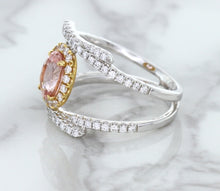 Load image into Gallery viewer, 1.62ct Oval Padparadscha Ring with Diamond Halo in 18K White and Rose Gold