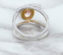 Load image into Gallery viewer, 1.62ct Oval Padparadscha Ring with Diamond Halo in 18K White and Rose Gold