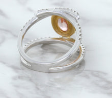 Load image into Gallery viewer, 1.62ct Oval Padparadscha Ring with Diamond Halo in 18K White and Rose Gold