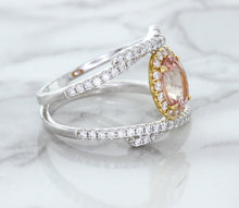 Load image into Gallery viewer, 1.62ct Oval Padparadscha Ring with Diamond Halo in 18K White and Rose Gold