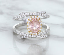 Load image into Gallery viewer, 1.62ct Oval Padparadscha Ring with Diamond Halo in 18K White and Rose Gold