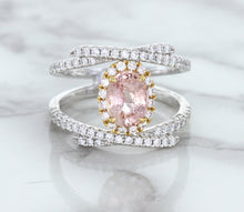 Load image into Gallery viewer, 1.62ct Oval Padparadscha Ring with Diamond Halo in 18K White and Rose Gold