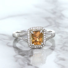 Load image into Gallery viewer, 1.14ct Cushion Unheated Peach Sapphire with Diamond Halo in 18K White Gold