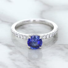 Load image into Gallery viewer, 1.12ct Round Blue Sapphire Ring with Diamond Accents in 18K White Gold