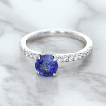 Load image into Gallery viewer, 1.12ct Round Blue Sapphire Ring with Diamond Accents in 18K White Gold