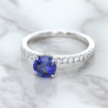 Load image into Gallery viewer, 1.12ct Round Blue Sapphire Ring with Diamond Accents in 18K White Gold