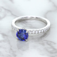 Load image into Gallery viewer, 1.12ct Round Blue Sapphire Ring with Diamond Accents in 18K White Gold