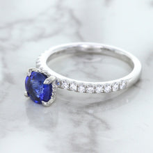 Load image into Gallery viewer, 1.12ct Round Blue Sapphire Ring with Diamond Accents in 18K White Gold