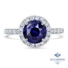 Load image into Gallery viewer, 1.62ct Round Blue Sapphire Ring with Diamond Halo in 18K White Gold