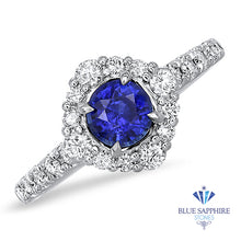Load image into Gallery viewer, 0.68ct. Round Blue Sapphire Ring with Diamond Halo in 18K White Gold