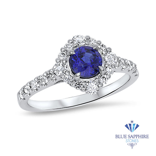 0.68ct. Round Blue Sapphire Ring with Diamond Halo in 18K White Gold