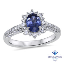 Load image into Gallery viewer, 0.85ct. Oval Blue Sapphire Ring with Diamond Halo in 18K White Gold