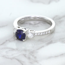 Load image into Gallery viewer, 1.07ct Round Blue Sapphire Ring with Diamond Accents in 18K White Gold