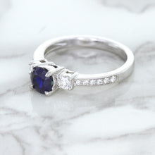 Load image into Gallery viewer, 1.07ct Round Blue Sapphire Ring with Diamond Accents in 18K White Gold