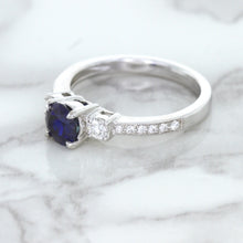 Load image into Gallery viewer, 1.07ct Round Blue Sapphire Ring with Diamond Accents in 18K White Gold