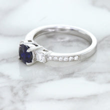 Load image into Gallery viewer, 1.07ct Round Blue Sapphire Ring with Diamond Accents in 18K White Gold