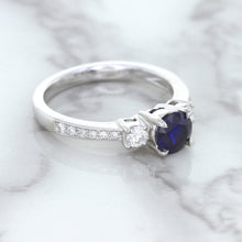 Load image into Gallery viewer, 1.07ct Round Blue Sapphire Ring with Diamond Accents in 18K White Gold