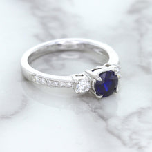 Load image into Gallery viewer, 1.07ct Round Blue Sapphire Ring with Diamond Accents in 18K White Gold